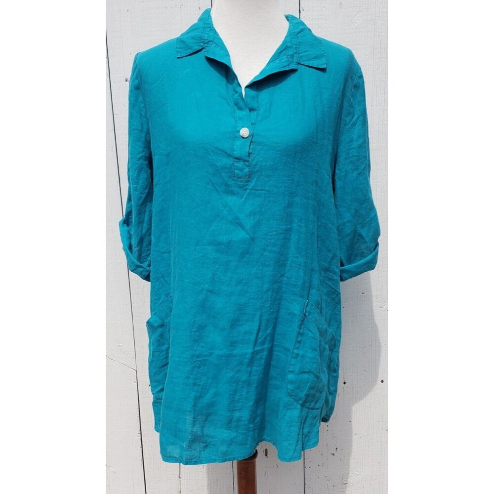XCVI Women Blue Collared Half Sleeve 100% LINEN Relaxed Shirt Tunic Sz L